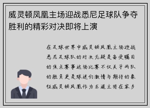威灵顿凤凰主场迎战悉尼足球队争夺胜利的精彩对决即将上演